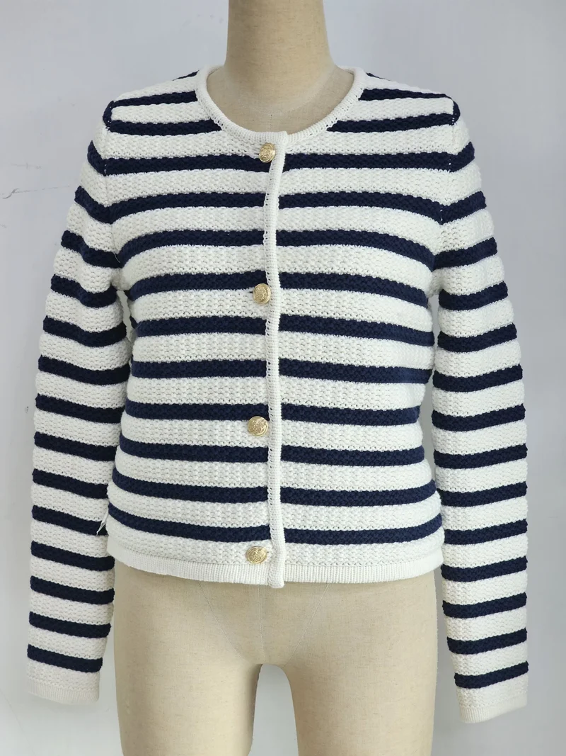 Striped cardigan sample with contrast trims