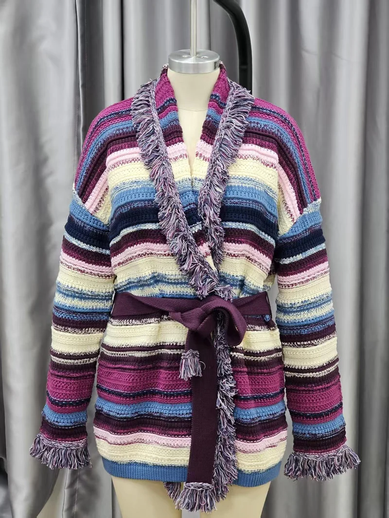 Multi-colour textured cardigan sample with fringe details
